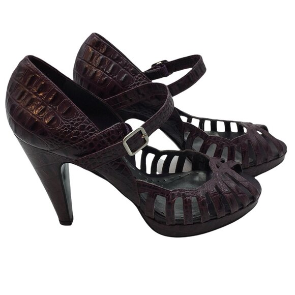 BCBGirls Heels 5" Caged Cutout Leather Faux Croc Embossed Size 10 Dark Purple - Picture 9 of 9